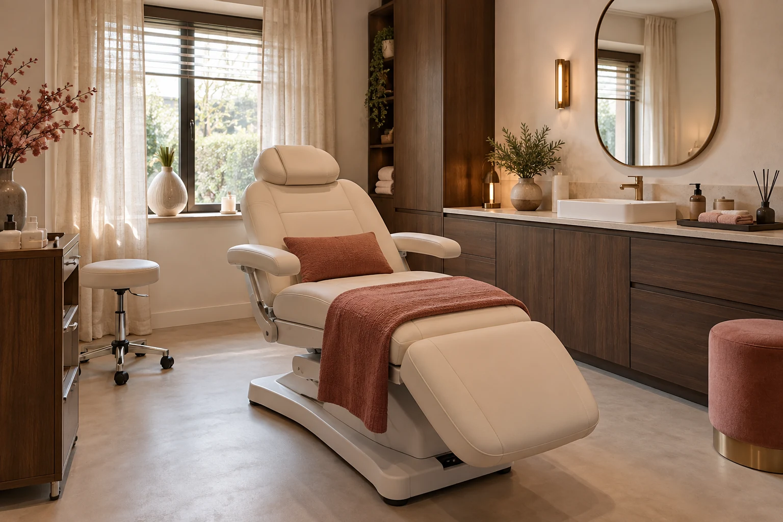 Conceptbeeld van een beautyruimte met behandelstoel en waterpunt